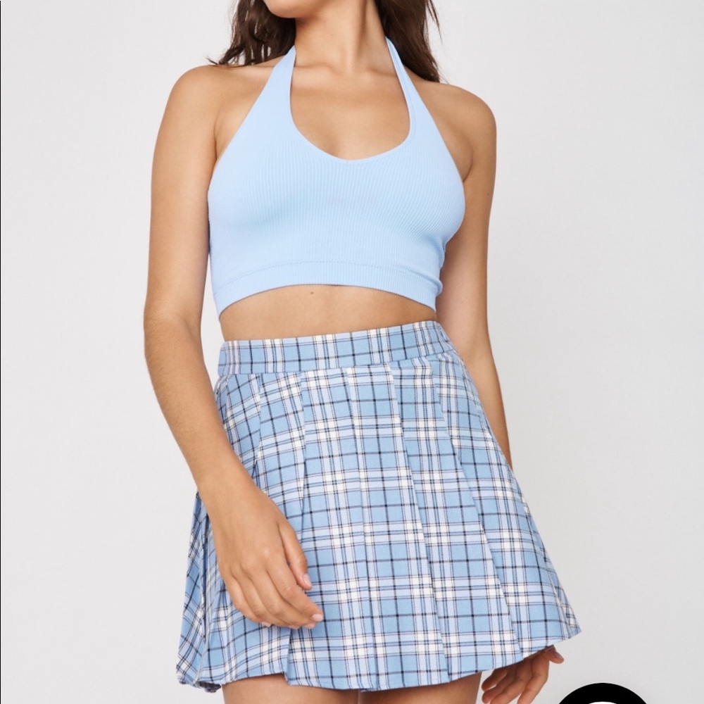 High rise light blue plaid pleated skater skirt